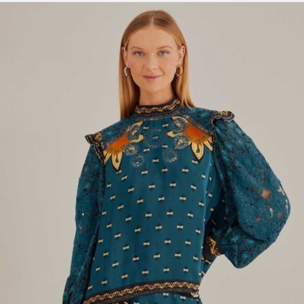 NWT Farm Rio Ainika Chill Blue Blouse Silk Crochet Lace Balloon Sleeve Boho